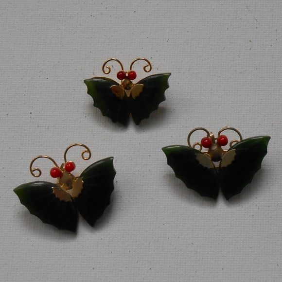 3 Vintage Jade Butterfly Brooch Pendant - Picture 2 of 4